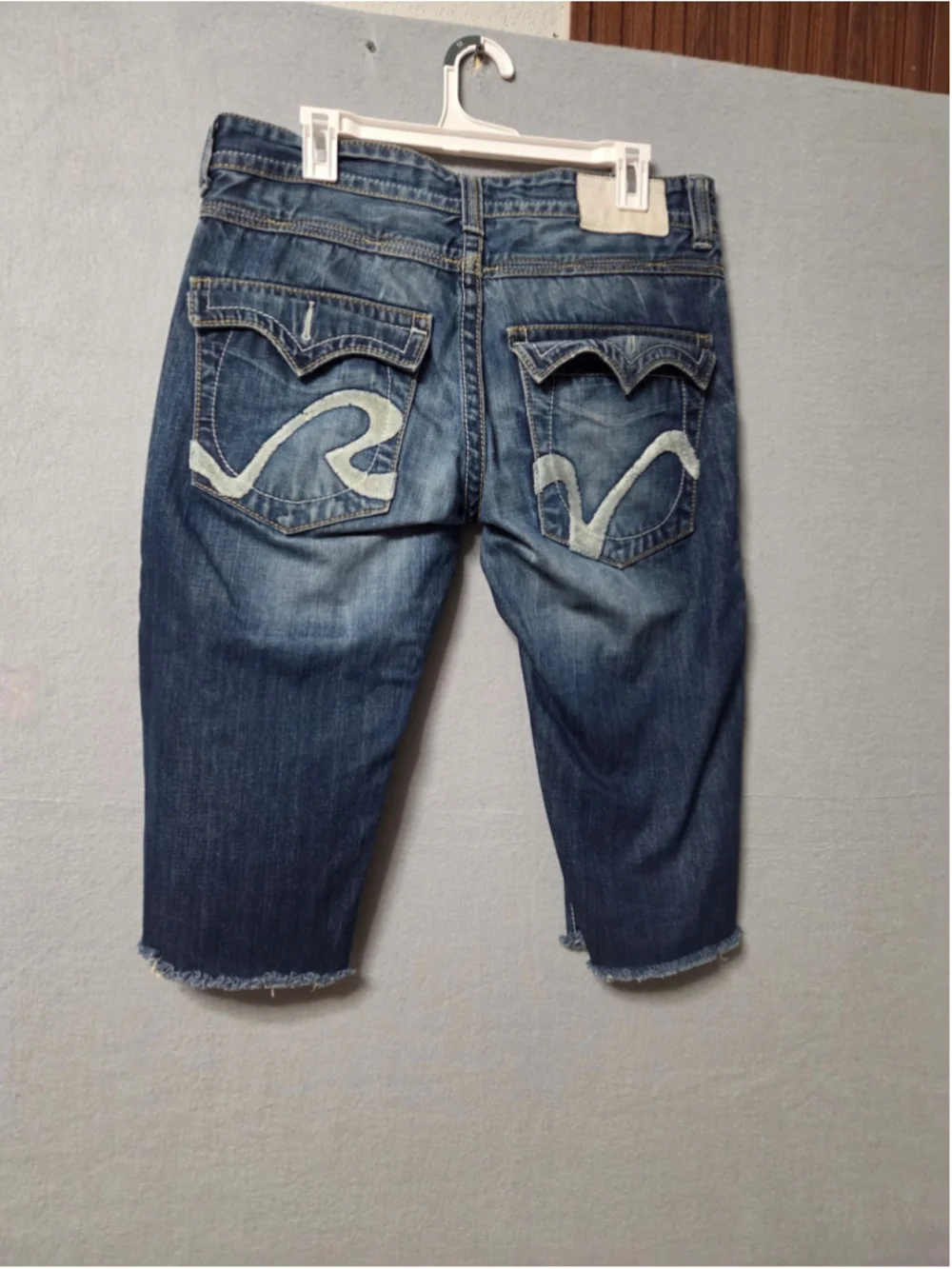 Rivet De Cru Jean Shorts Size 32 Blue White Distressed Raw Hem